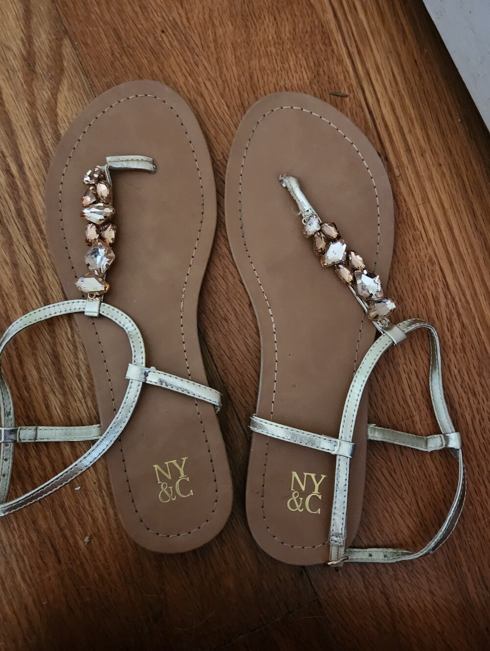 New York & Company Metallic Gold Jeweled T-Strap Sandals